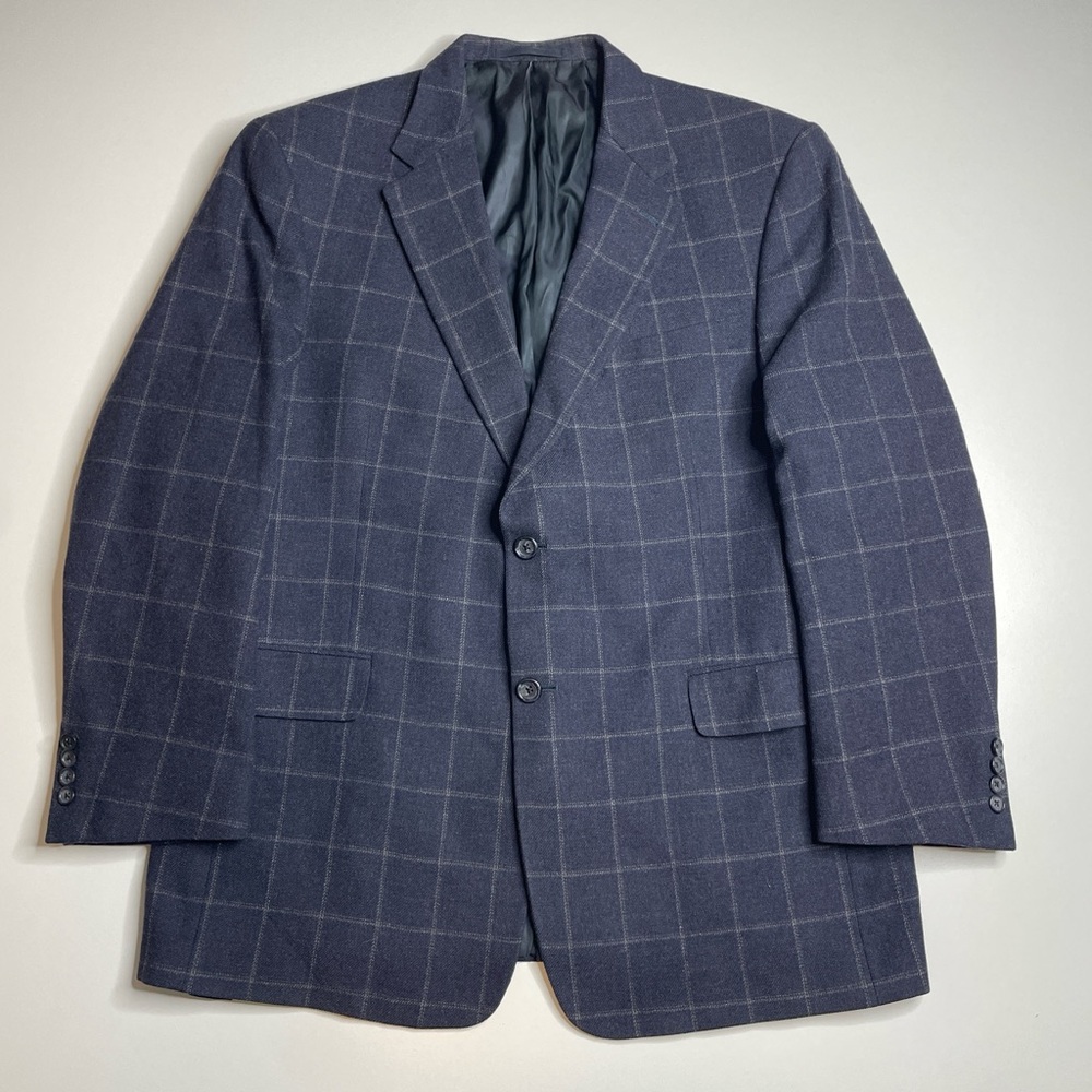 Vintage Burberry London Wool Sport Coat Blazer Navy Windowpane 44R Made in USA
